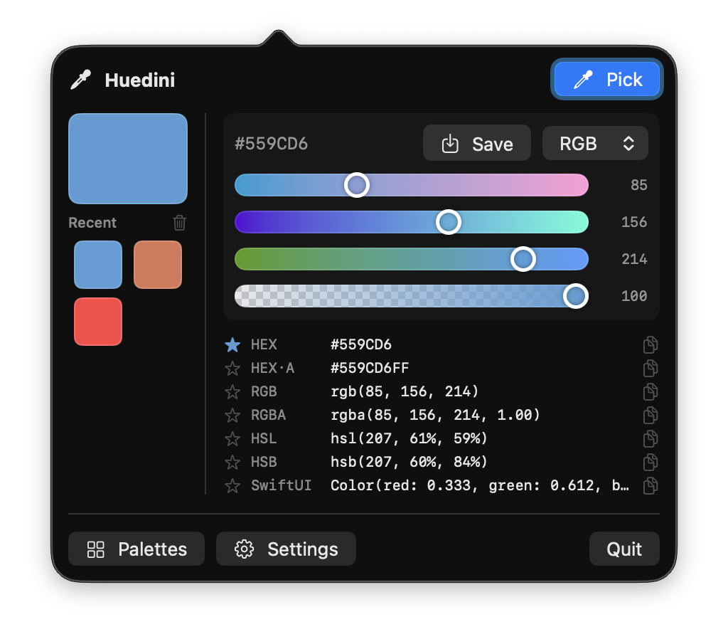 Huedini in action, showing the magnifier picking a color off the screen, the readout with the HEX value and copy button, and the recent history of picked colors.